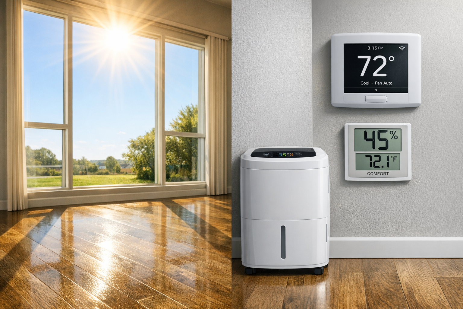 Split view showing strong Texas sunlight on flooring and indoor humidity control for long-term performance