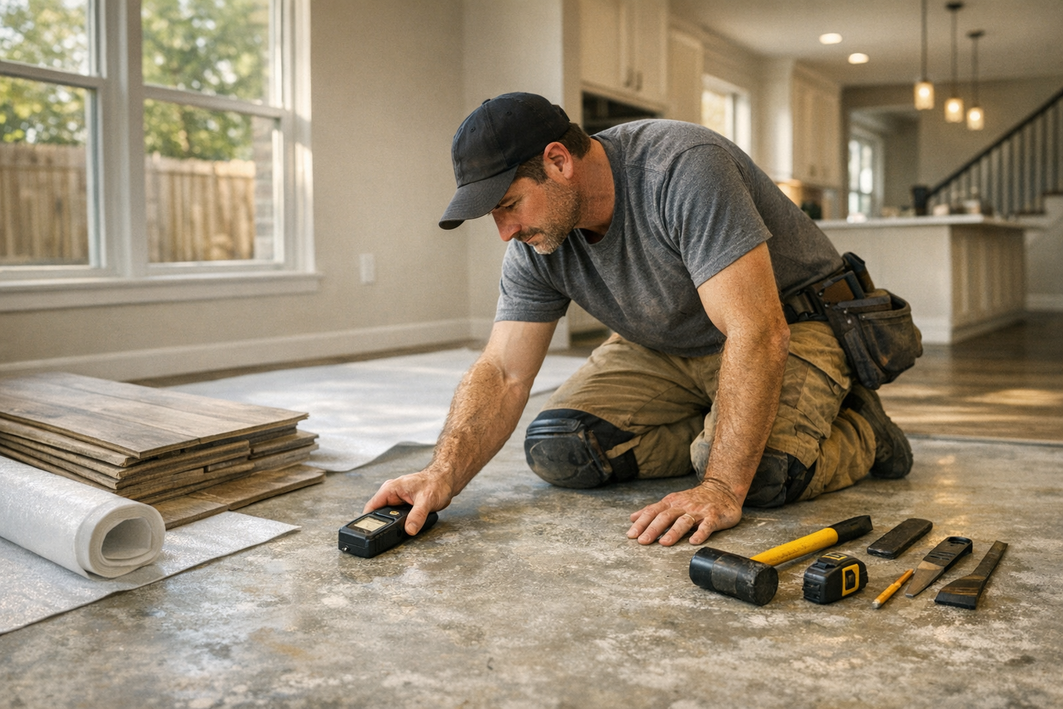 Flooring installer checking concrete slab moisture before LVP installation in a North Texas home
