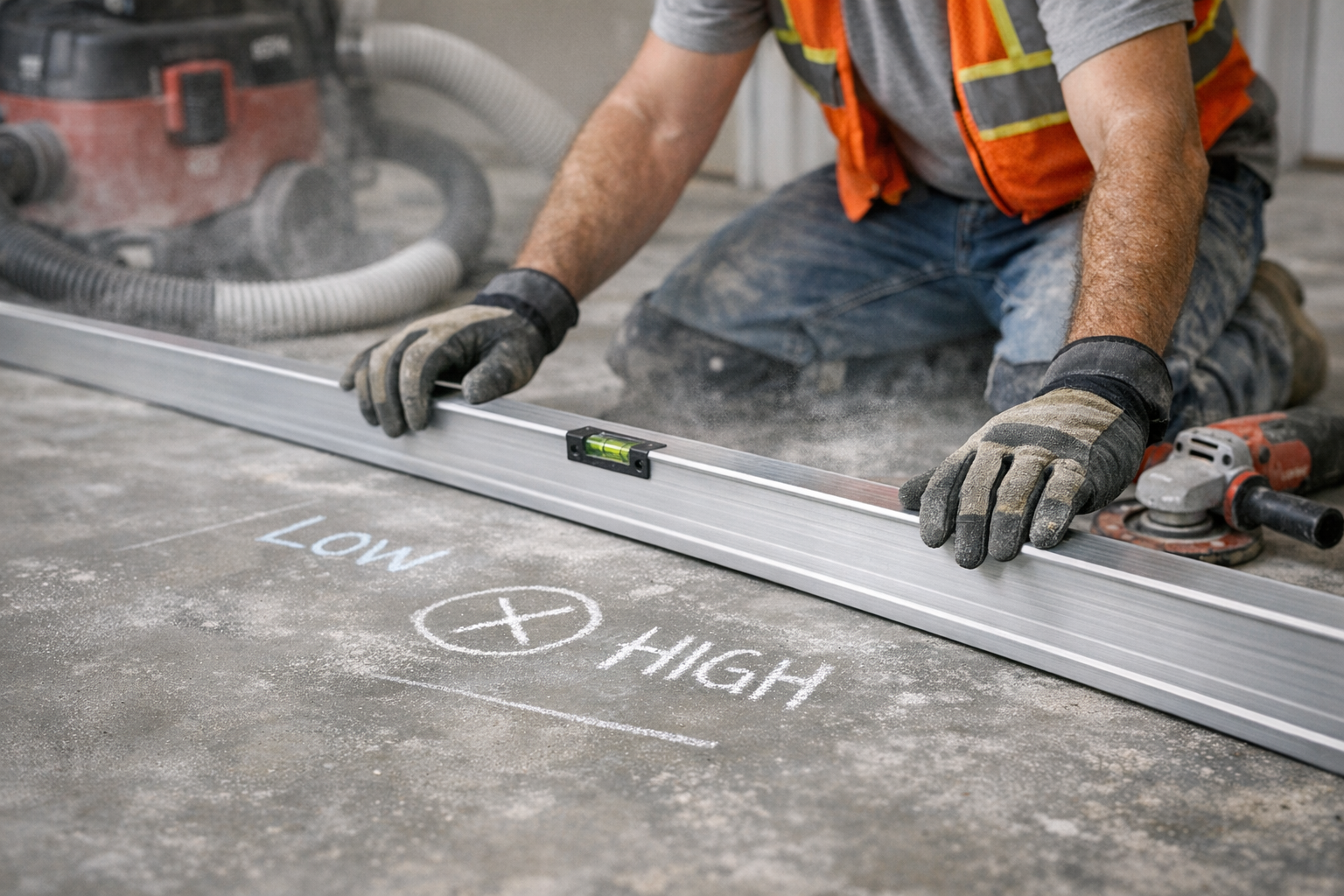Contractor checking slab flatness with a long straightedge and chalk marks before installation