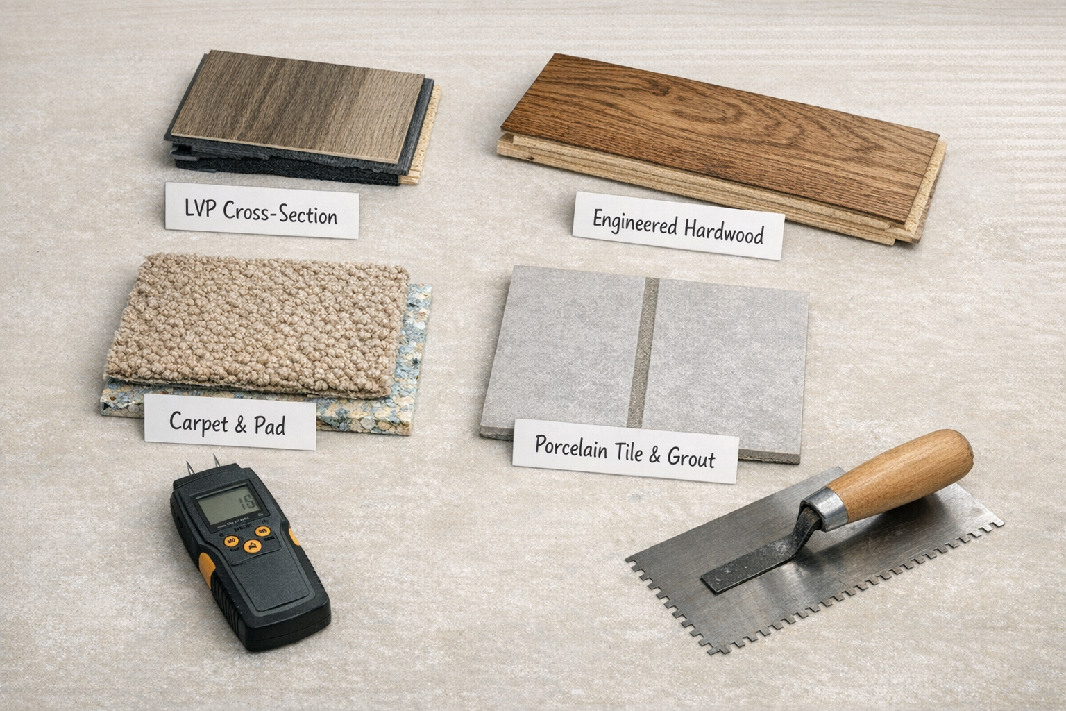 Flooring material samples including LVP, engineered hardwood, tile, and carpet with tools for selection guidance