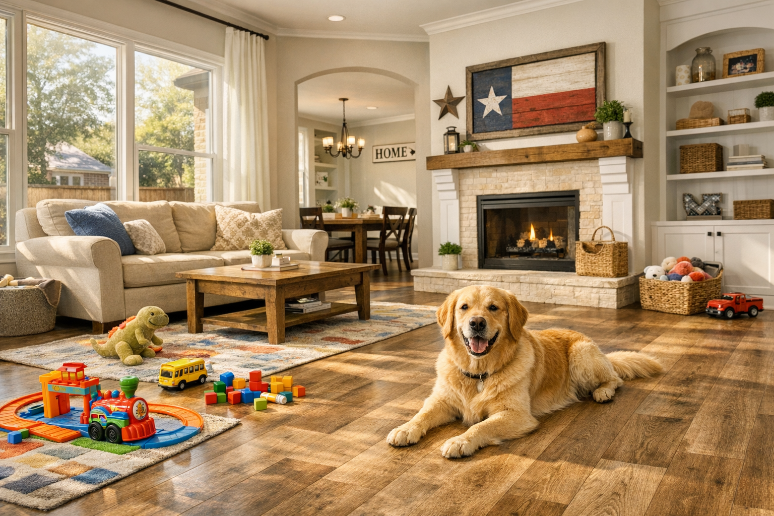 Bright Flower Mound home interior with durable flooring, kids toys, and a friendly dog in natural light