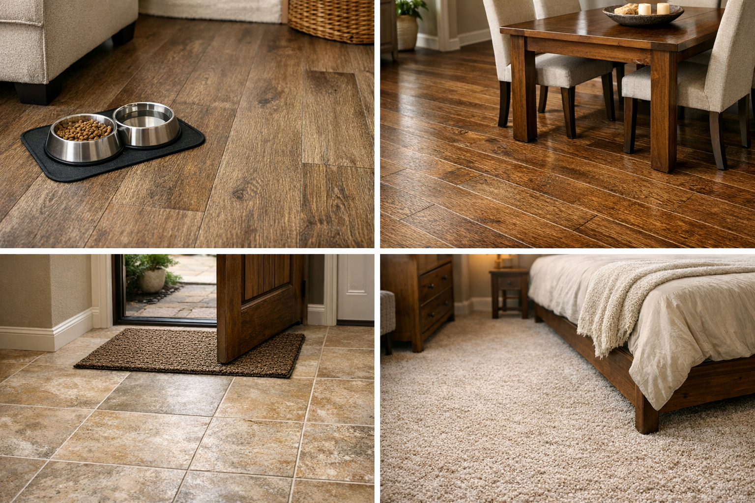 Four-panel view of LVP, engineered hardwood, tile, and carpet in a Texas home setting