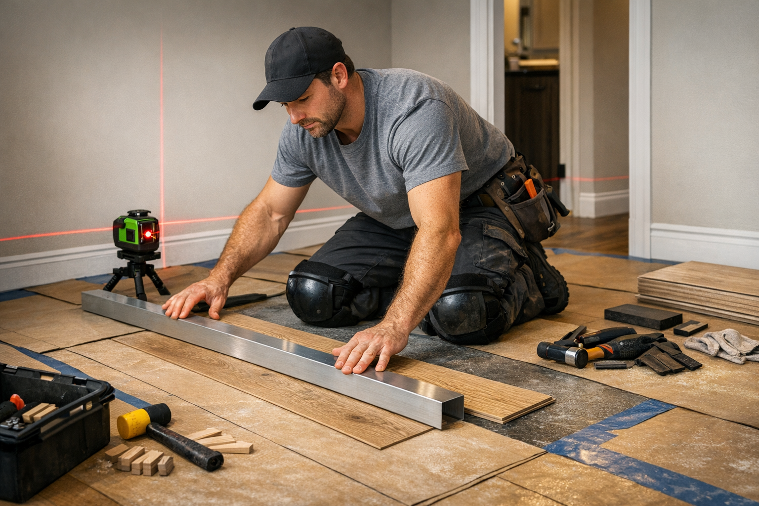 Professional flooring installer leveling and installing planks in a clean residential jobsite