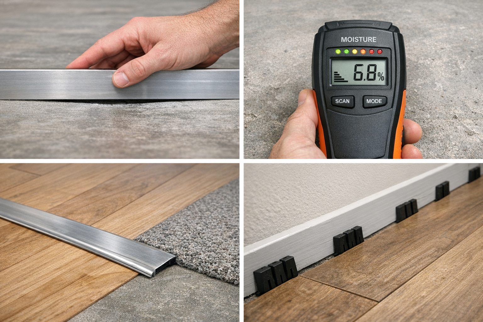 Close-up flooring prep and finishing details including slab flatness check, moisture testing, clean transitions, and perimeter expansion gap
