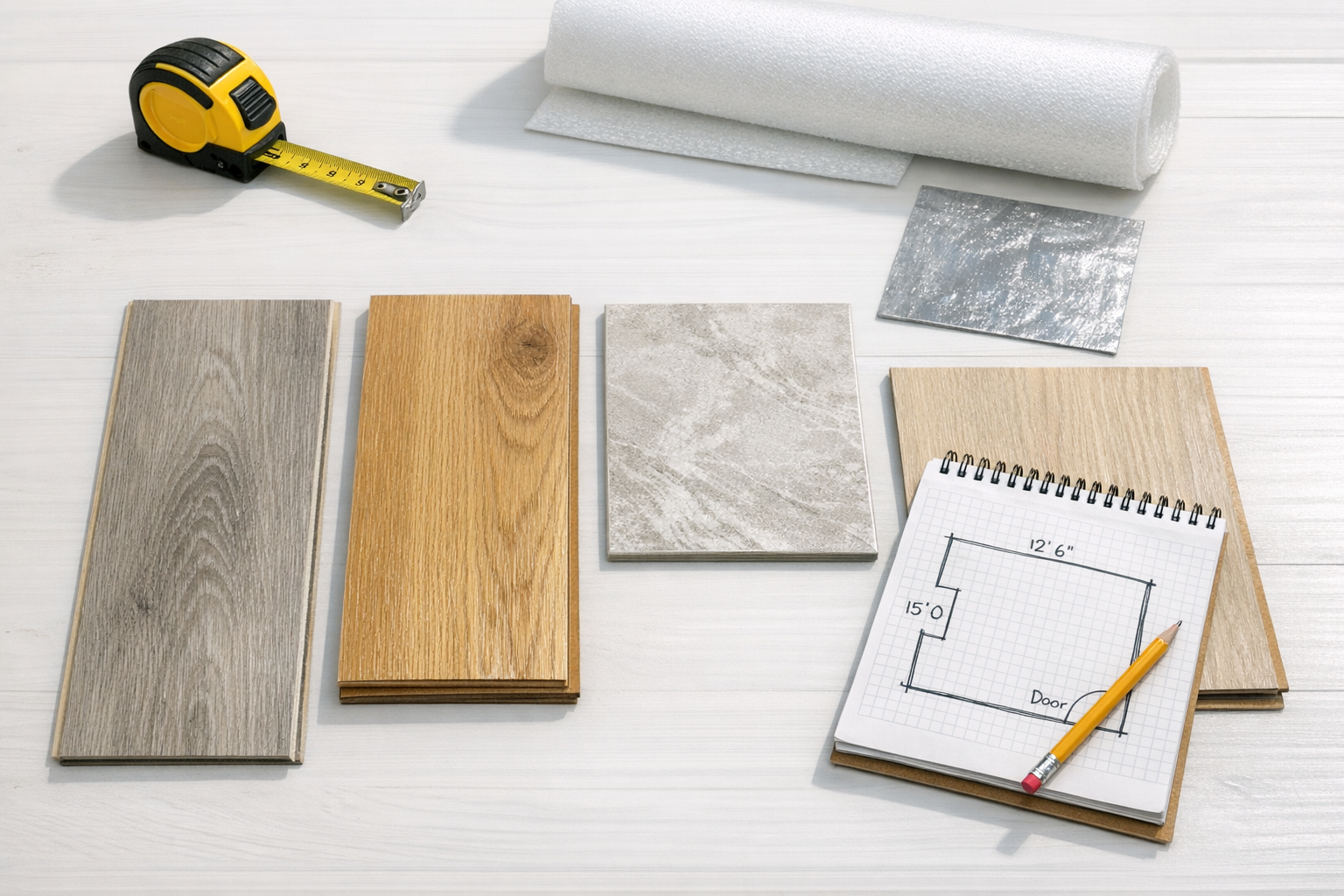 Flooring sample materials including LVP, engineered hardwood, tile, laminate, and underlayment on a contractor workbench