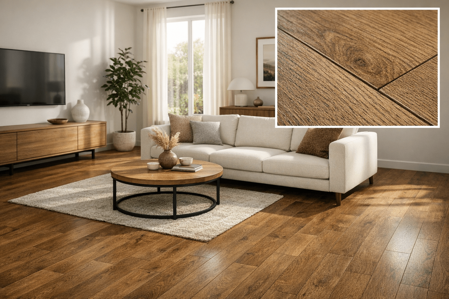 Modern living room with medium oak wood-look laminate planks and realistic grain detail