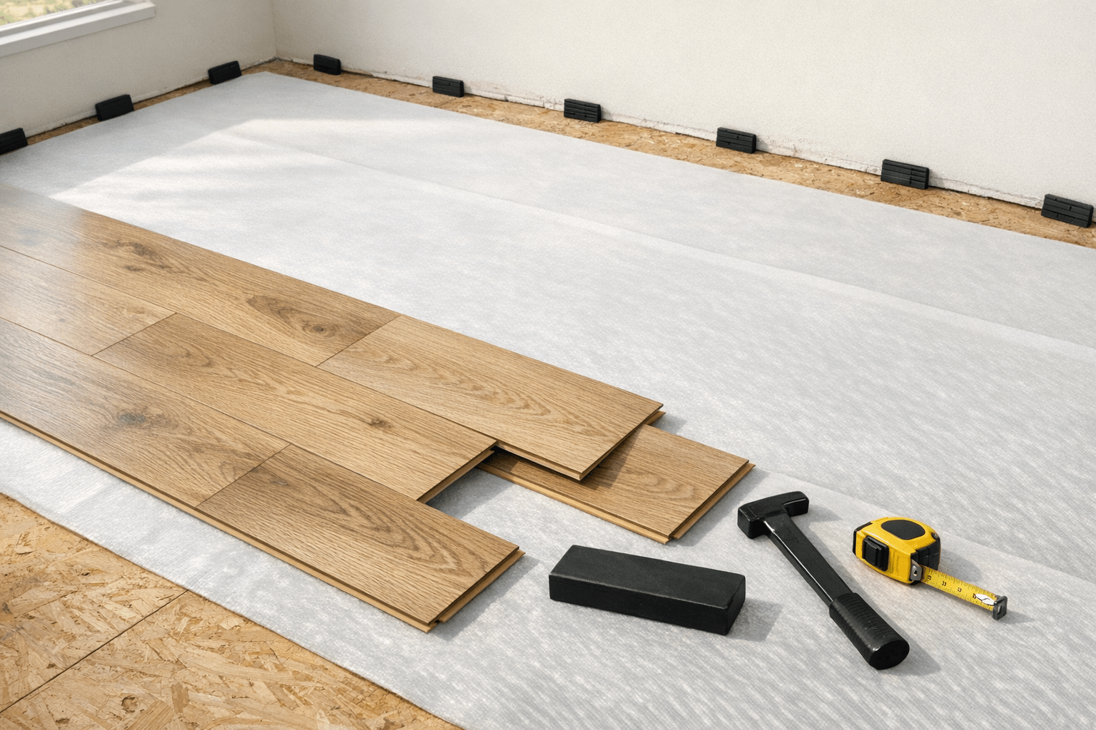Laminate flooring installation in progress showing underlayment, click-lock planks, wall spacers, and basic tools
