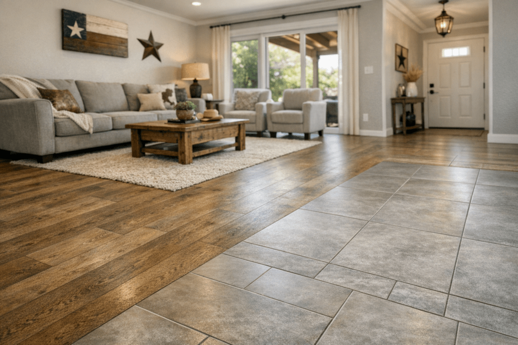 Modern Arlington, Texas living room showing luxury vinyl plank transitioning to ceramic tile near an entryway