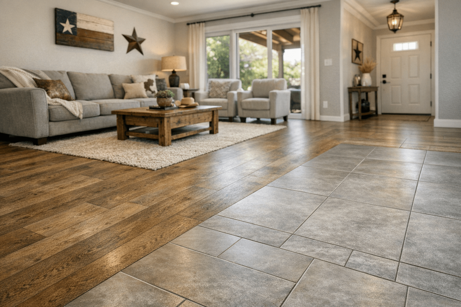 Flooring in Arlington TX, Modern Arlington, Texas living room showing luxury vinyl plank transitioning to ceramic tile near an entryway