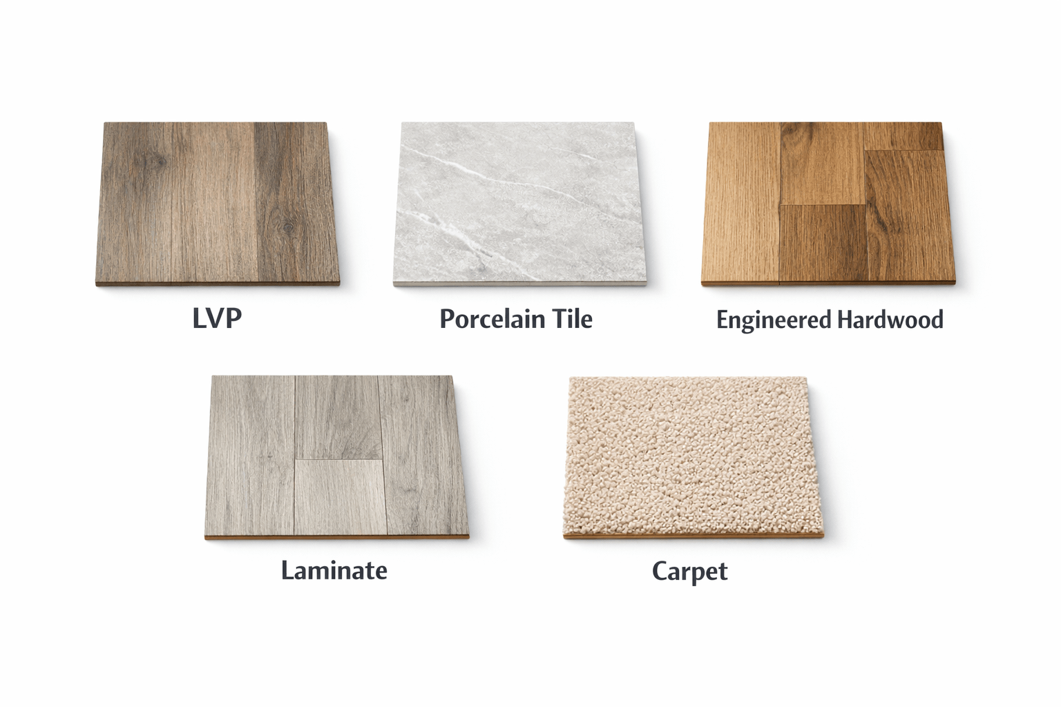 Comparison swatches of LVP, porcelain tile, engineered hardwood, laminate, and carpet for an Arlington flooring guide