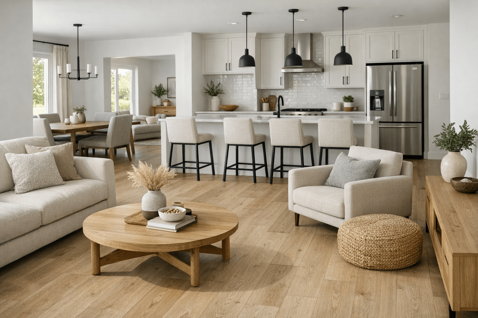 Open-concept Arlington, Texas interior featuring wide-plank light oak-look LVP flooring with a matte finish