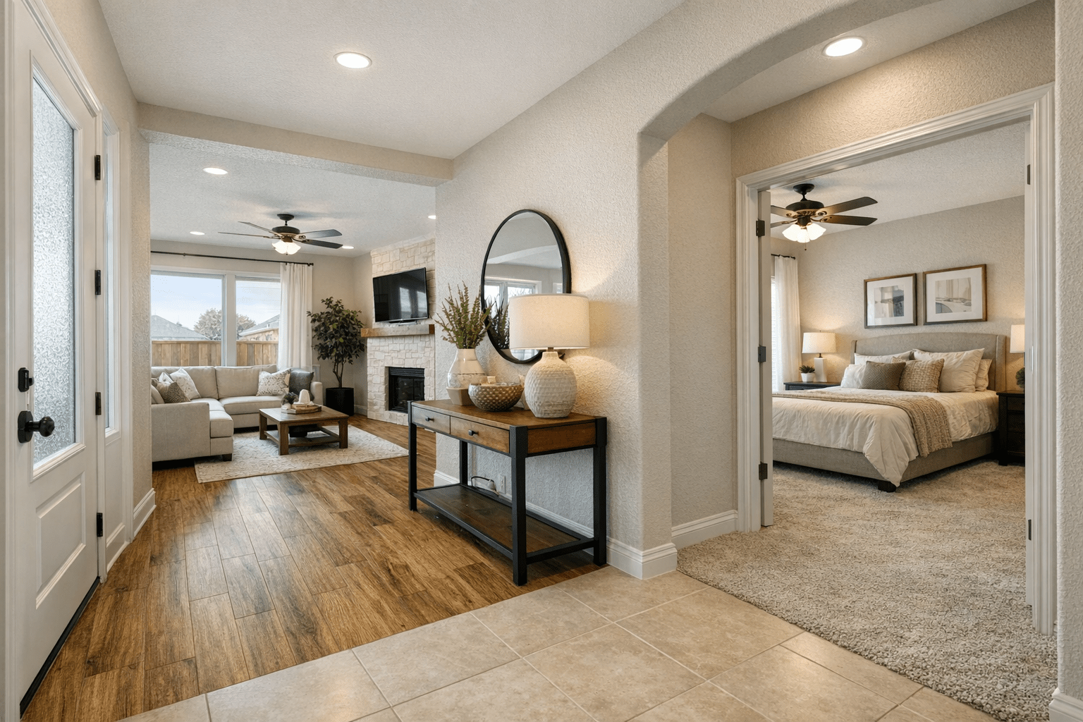 Modern Carrollton, Texas home interior showing luxury vinyl plank in living area, tile in entry, and carpet in a bedroom doorway