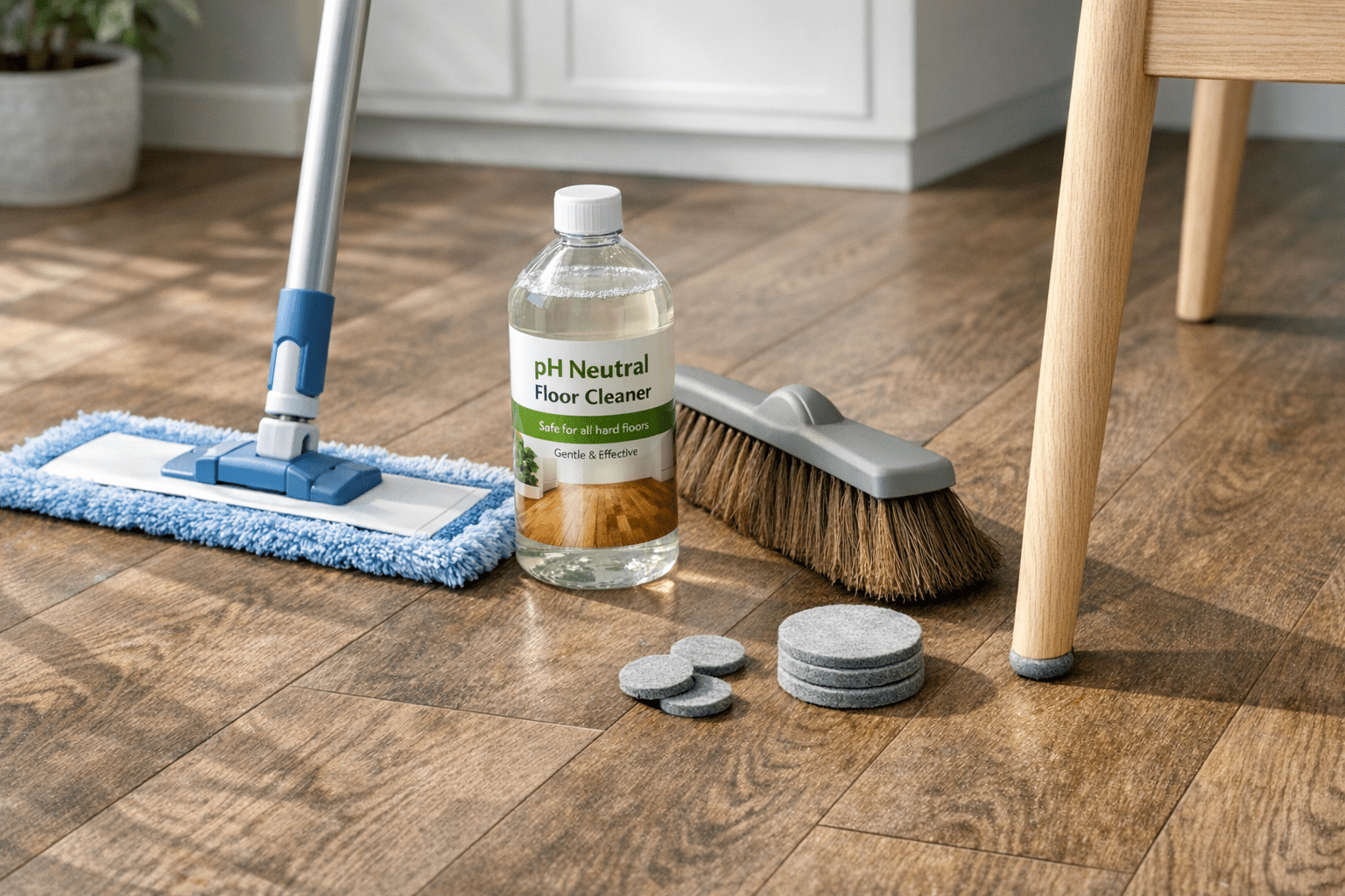 Floor maintenance items including microfiber mop, pH-neutral cleaner, broom, and felt pads on a wood-look vinyl plank floor with sunlight