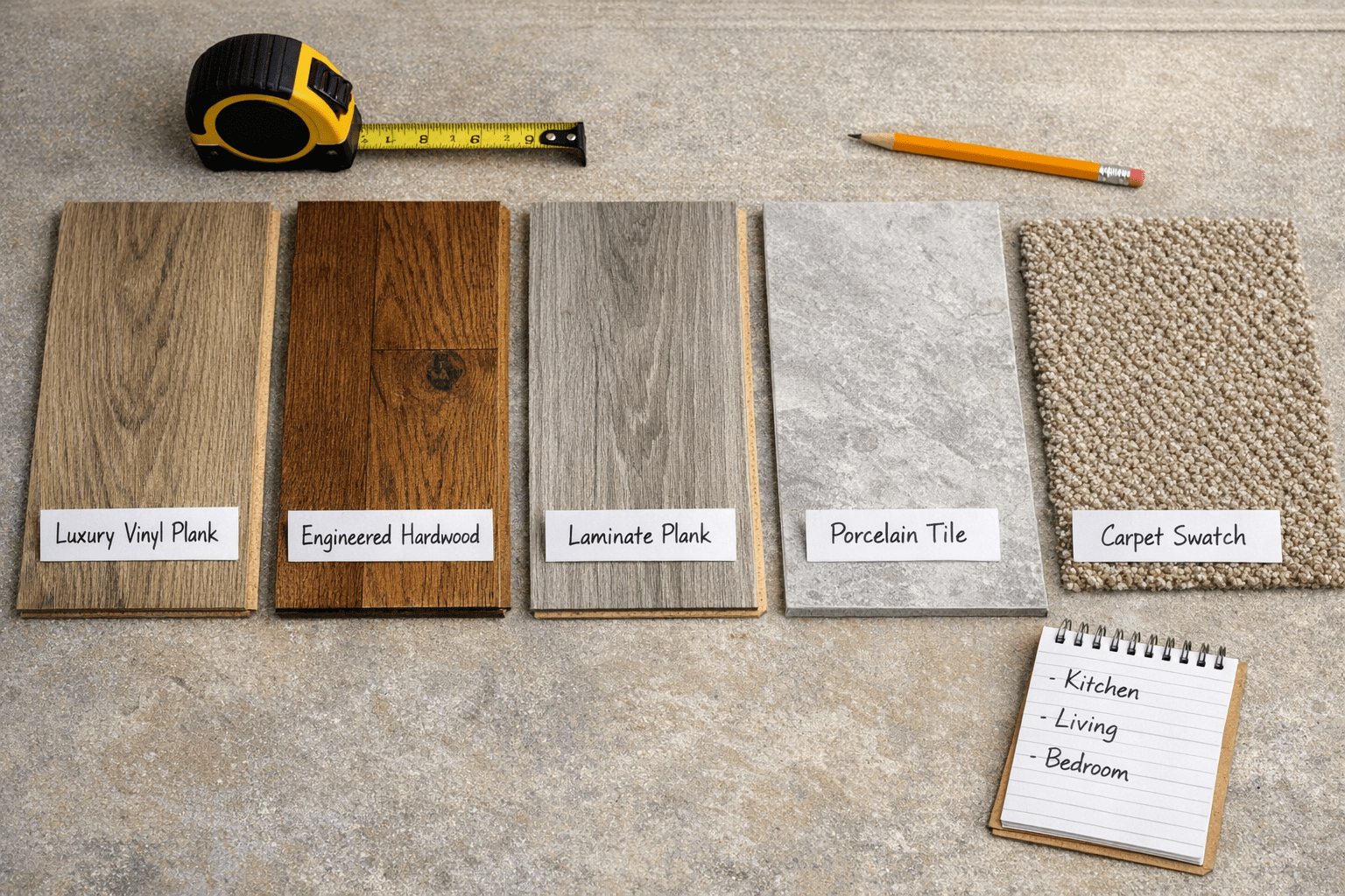 Flooring samples including luxury vinyl plank, engineered hardwood, laminate, porcelain tile, and carpet swatch arranged with tape measure and room notes