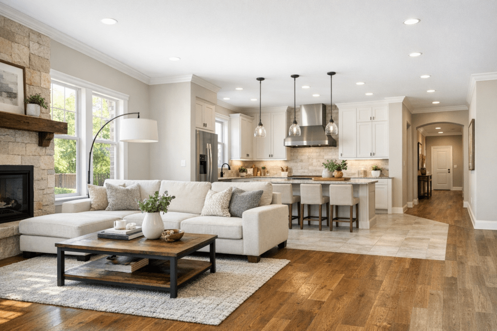 Upscale Colleyville, TX open-concept home showing hardwood in living area, tile in kitchen, and luxury vinyl plank in hallway