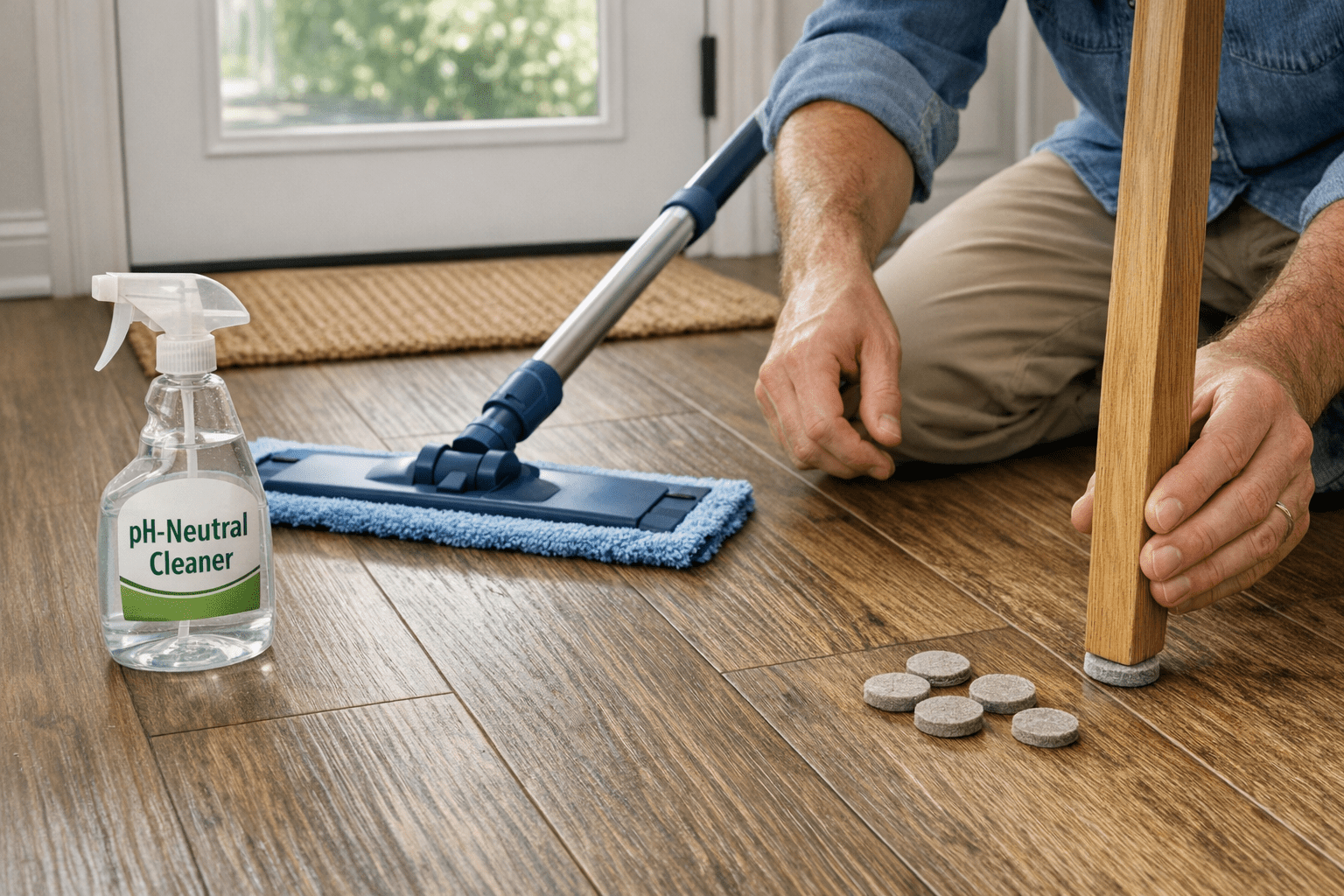 Hands using microfiber mop with pH-neutral cleaner on luxury vinyl plank flooring near a doormat and felt pads for furniture