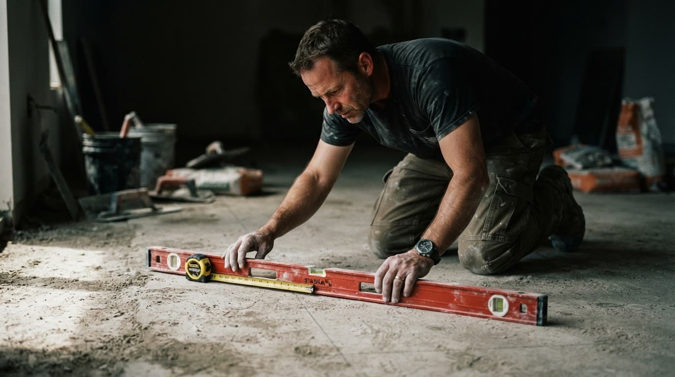 Installer checking the flatness of a concrete subfloor with a long level