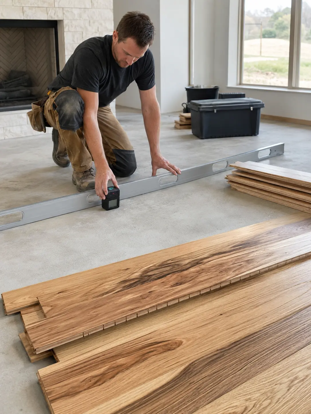 Hickory Hardwood Flooring installer checking a North Texas concrete slab before installation