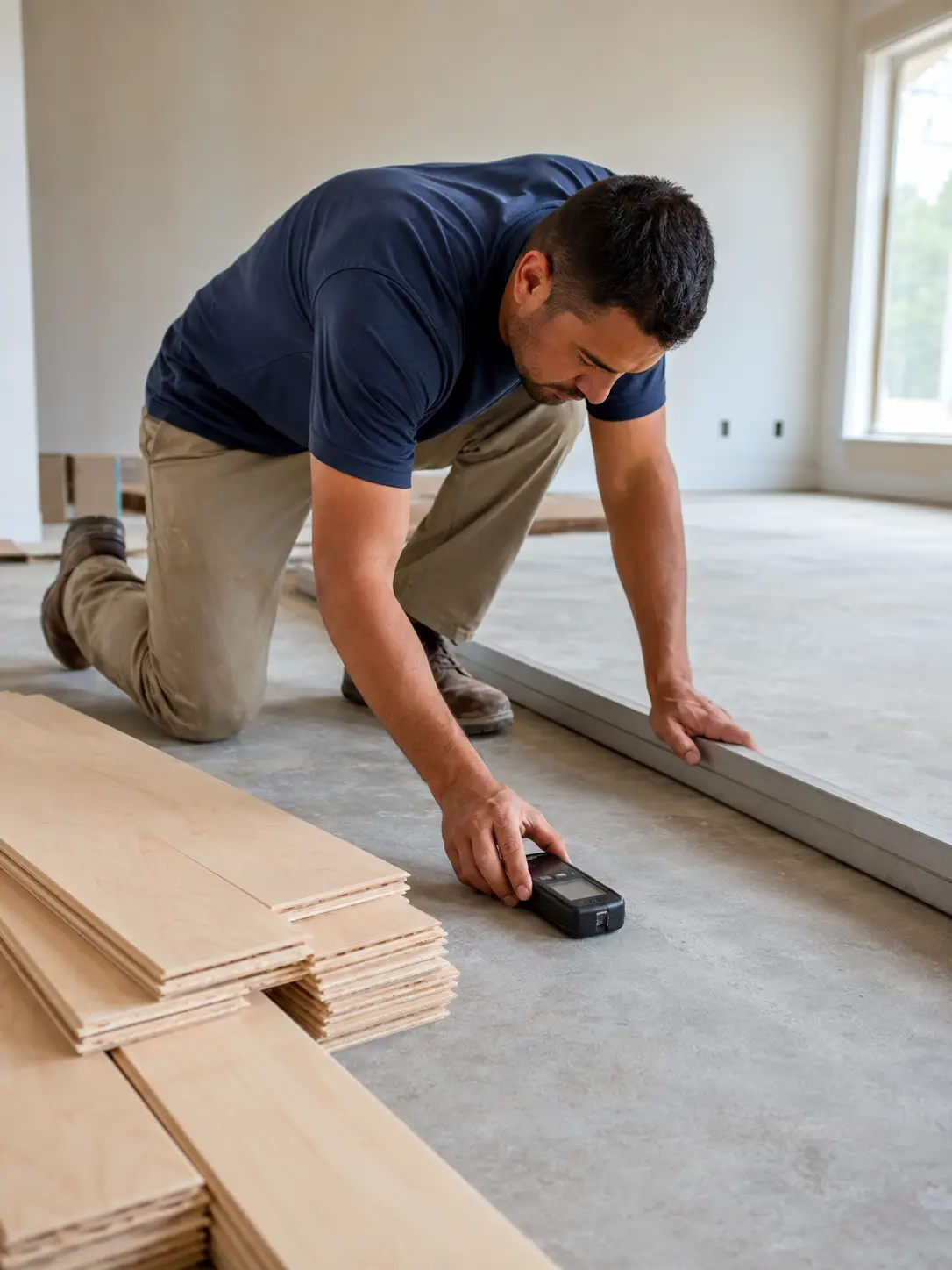 Maple Hardwood Flooring installer checking a North Texas concrete slab before installation