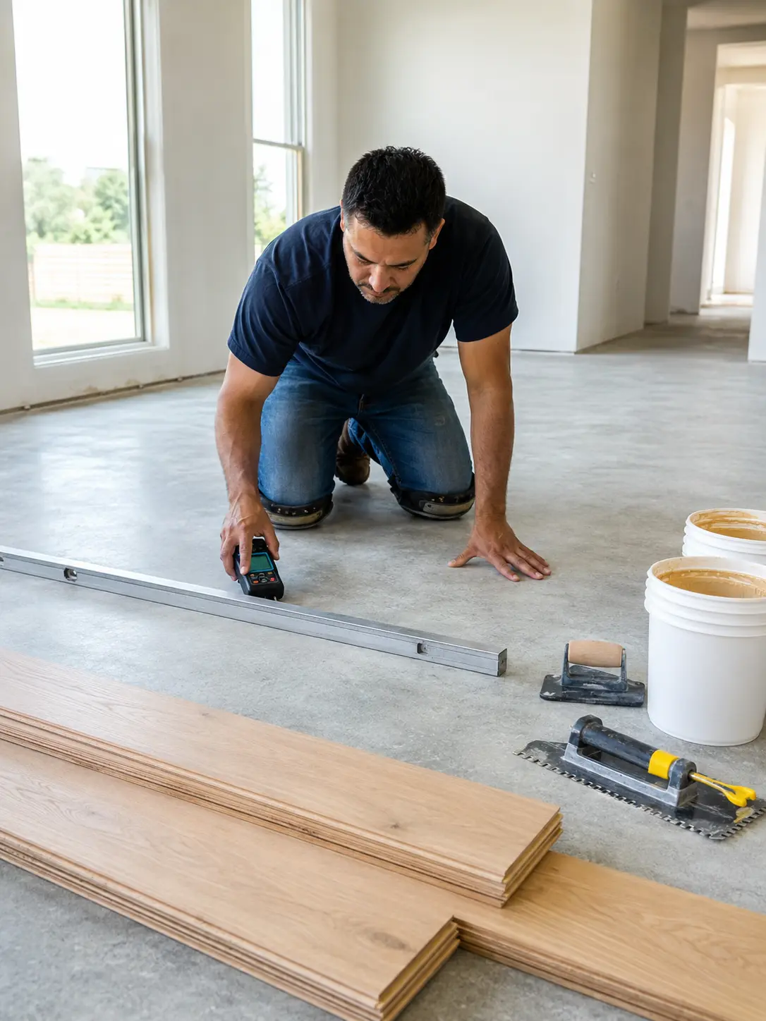 Engineered oak hardwood planks beside a prepared concrete slab in a North Texas home