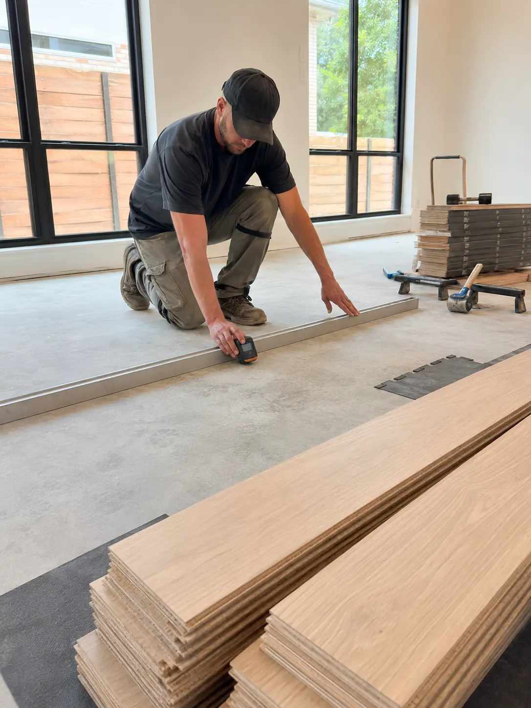 White Oak Hardwood Flooring installer checking a North Texas concrete slab for engineered oak