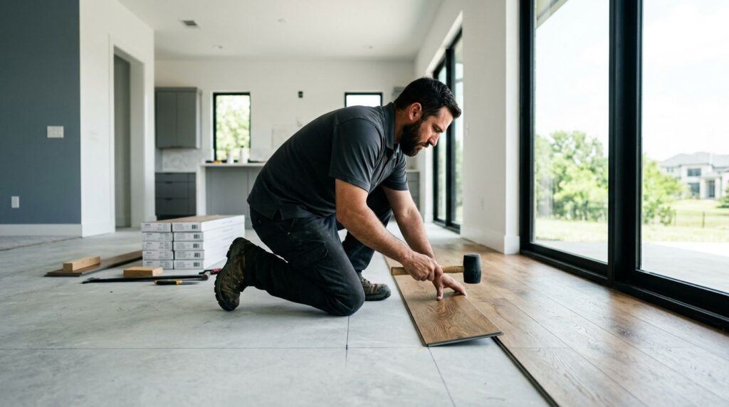 An installer neatly fits oak vinyl planks onto a concrete floor.