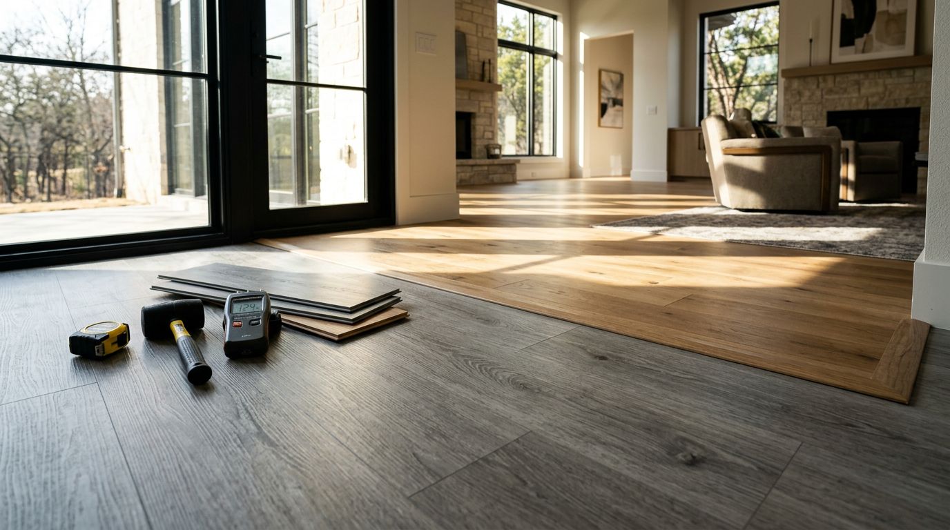 Highland Village Flooring Installation with wood-look planks in a finished room