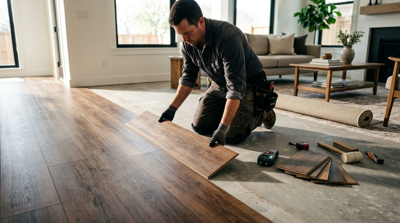 Installer fitting wood-look flooring planks over a prepared surface