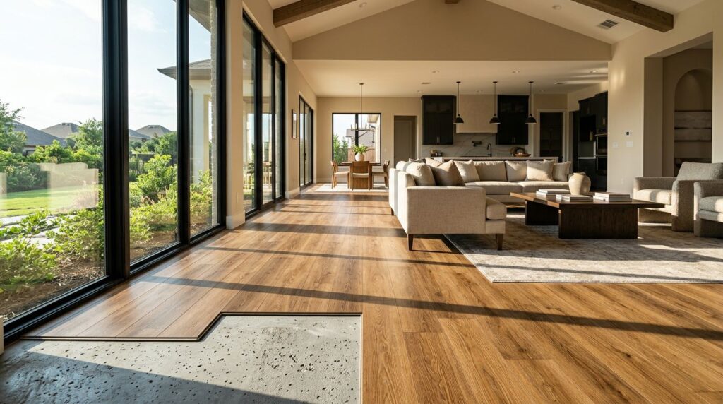 Newly installed luxury vinyl plank flooring in a bright open-plan North Texas living room.