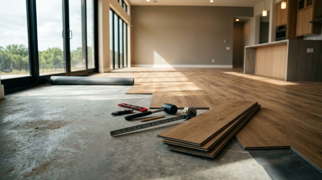 Measuring tape, mallet, and leveling tools beside partially installed luxury vinyl plank flooring.
