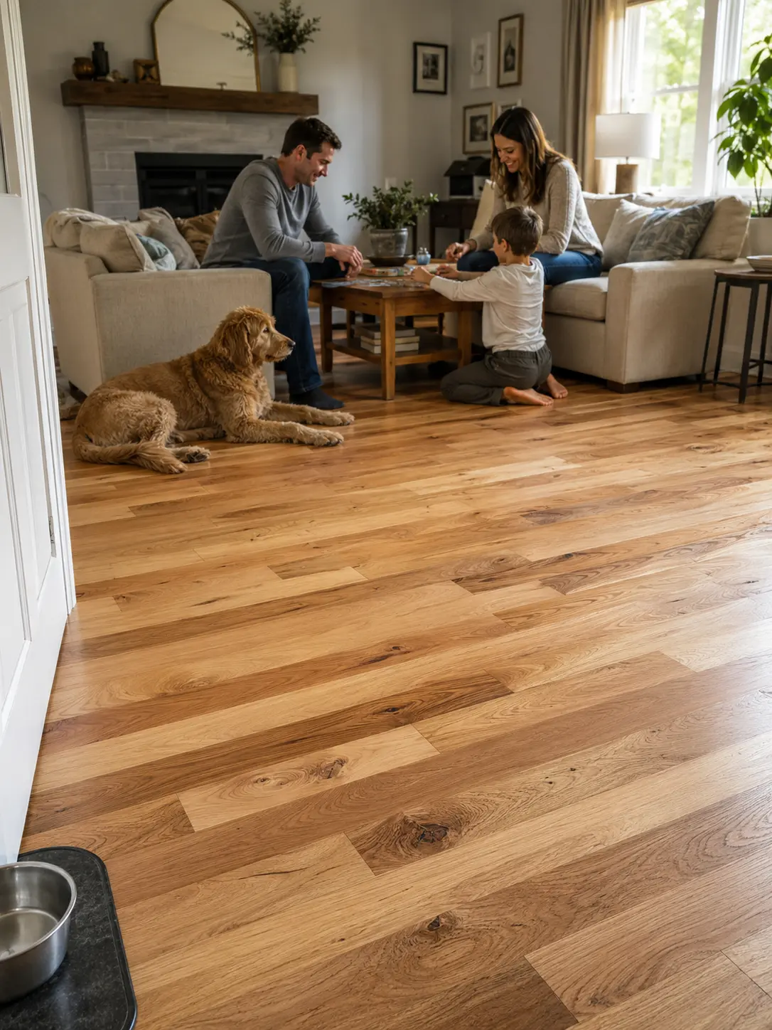 Hickory Hardwood Flooring in a North Texas family room with a child and dog