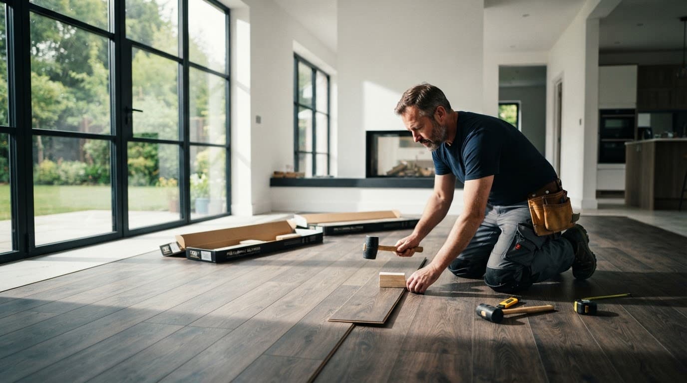 Installer fitting luxury vinyl plank in a bright room