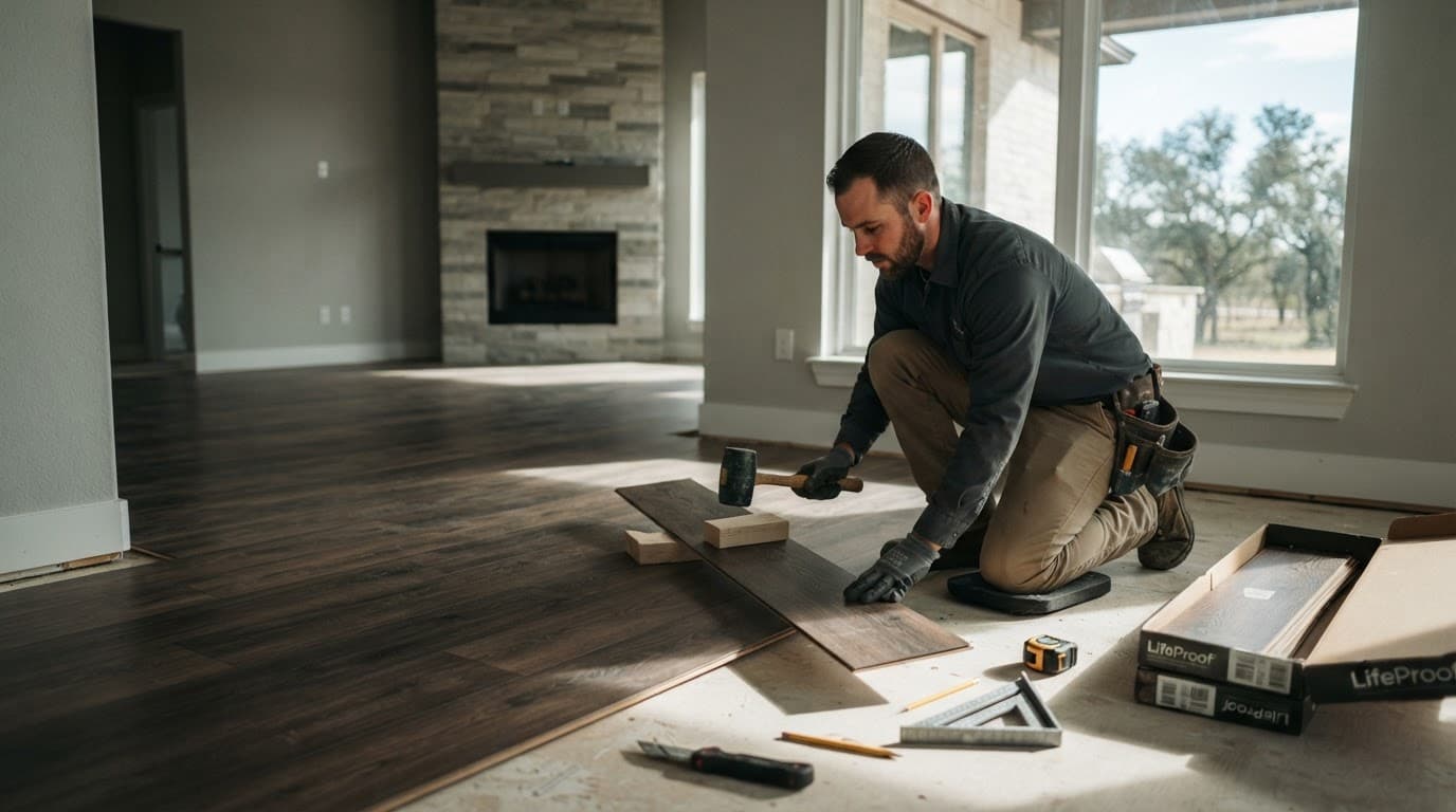 A contractor installing luxury vinyl planks in a modern living room.