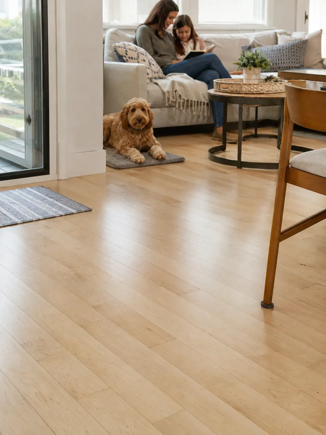 Maple Hardwood Flooring in a North Texas family room with a child and dog