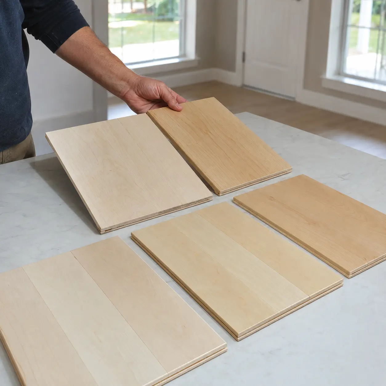 Maple Hardwood Flooring samples in pale cream and light honey tones
