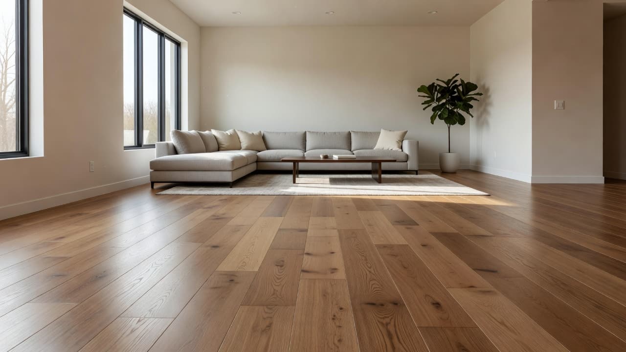 Bright living room with finished wood-look flooring