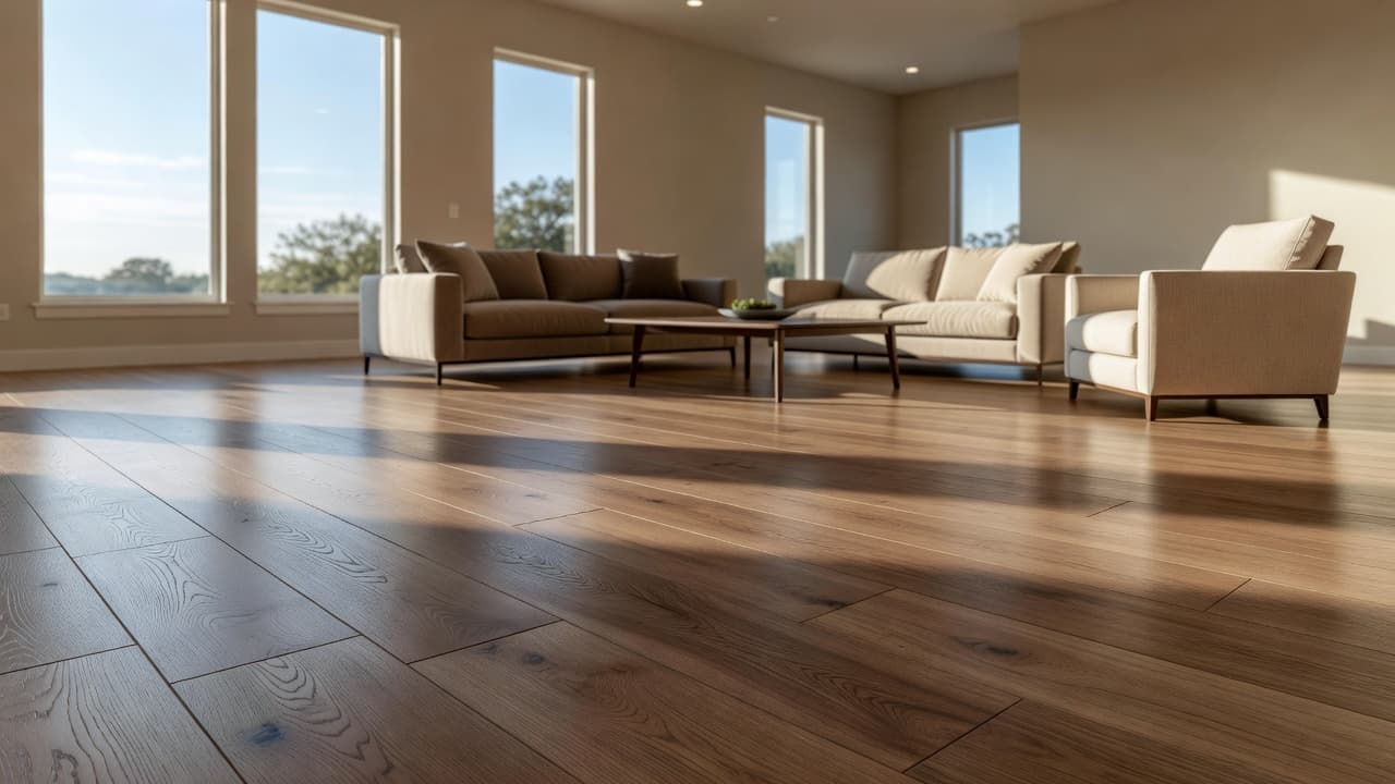 Wood Laminate Flooring Argyle TX, Sunlight streams across premium luxury vinyl plank flooring in an upscale living area. The warm wood textures complement contemporary furniture, creating a sophisticated and inviting residential space for Texas homeowners.