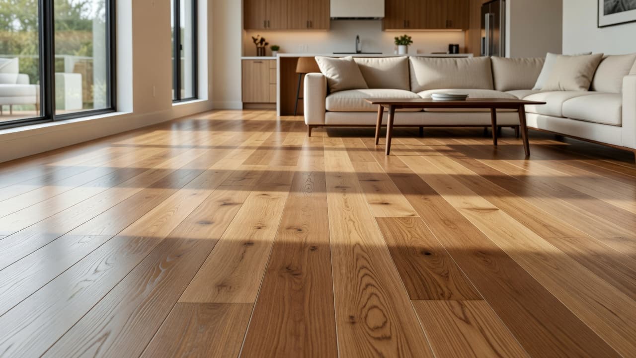 Sunlight streams across premium wood-look vinyl planks in this spacious living area. Minimalist furniture sits atop the textured flooring while warm shadows accentuate the clean architectural lines and inviting open floorplan.