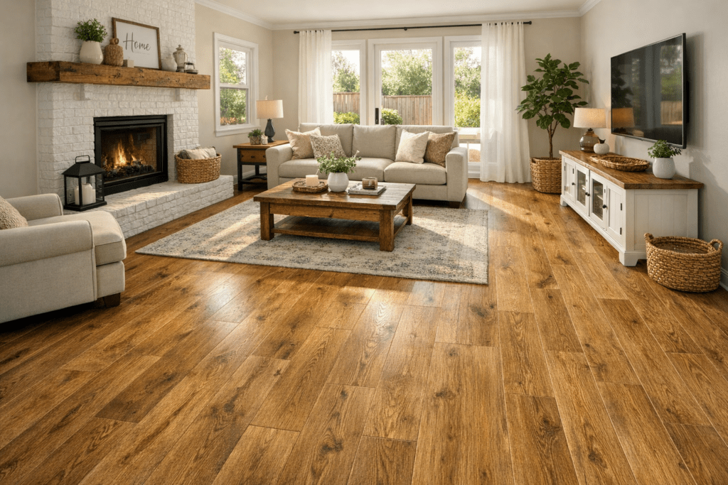 Bright Denton living room with warm oak wood-look laminate flooring and natural sunlight