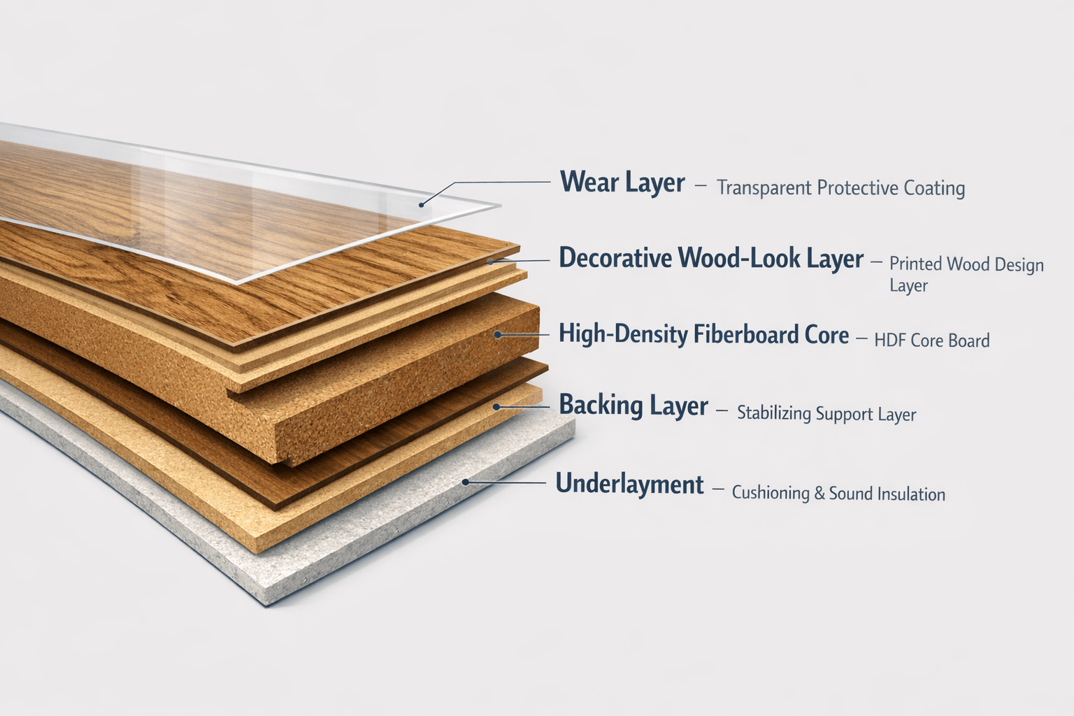 Cutaway diagram of laminate flooring layers including wear layer, decorative layer, core, backing, and underlayment