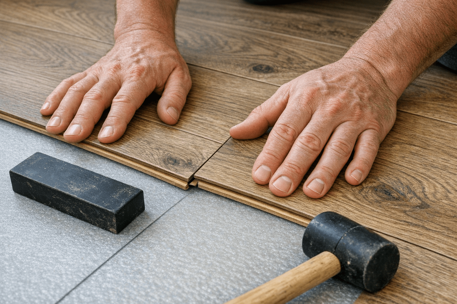 Installer clicking together laminate planks over underlayment with tools nearby