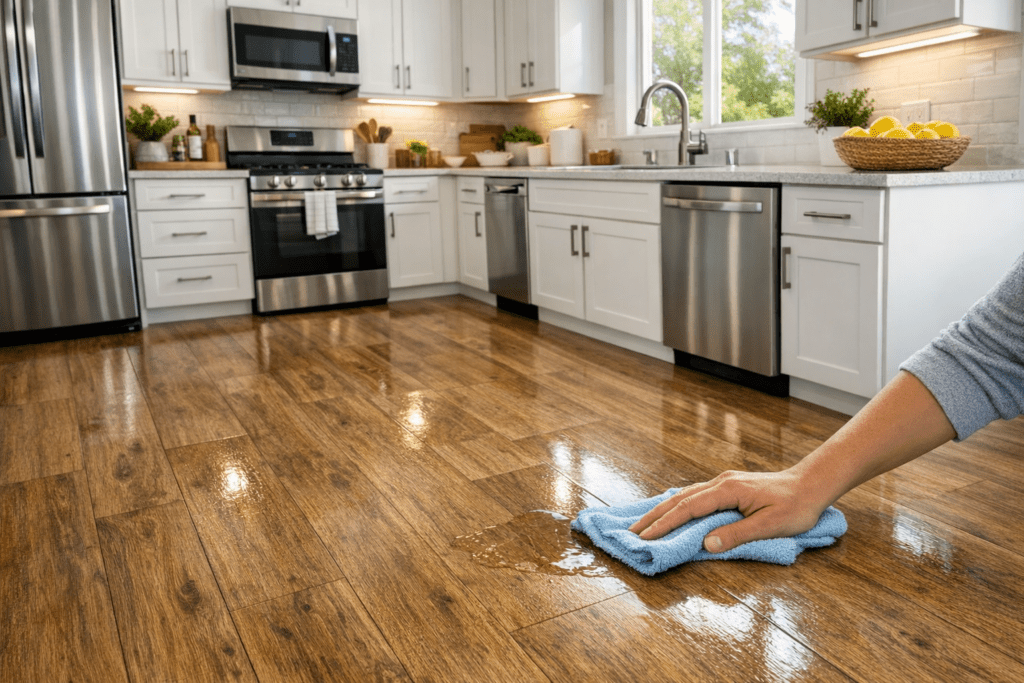 Modern kitchen with warm wood-look luxury vinyl plank flooring and a small spill being wiped up near the sink