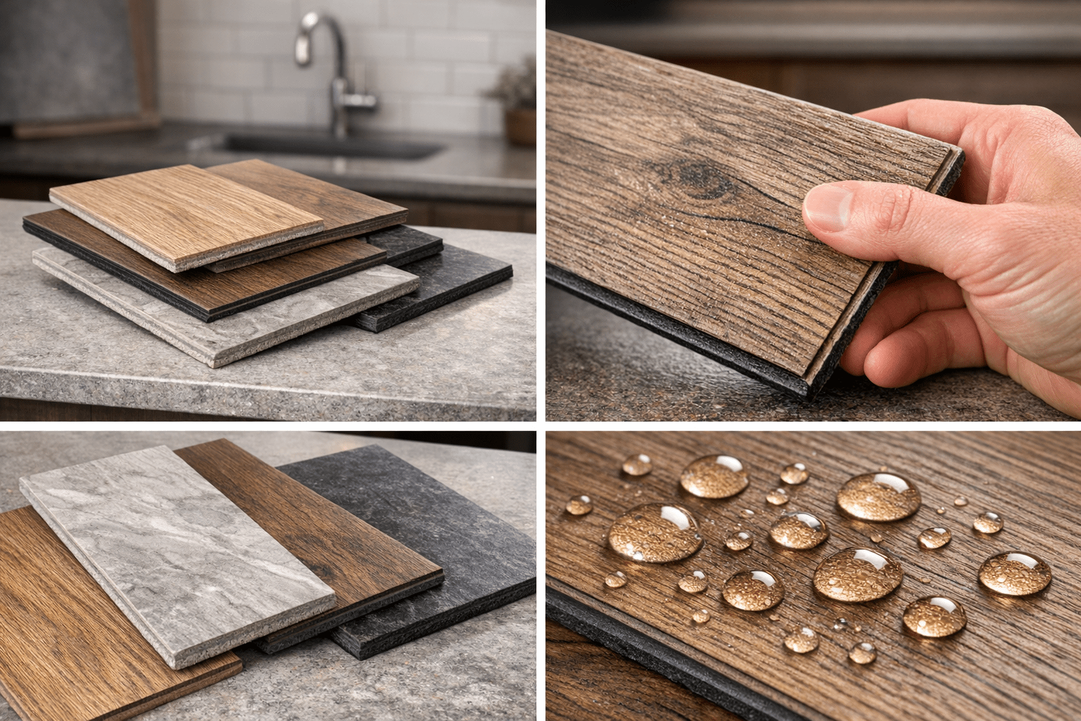 Luxury vinyl plank samples showing realistic wood and stone patterns with water droplets beading on the surface
