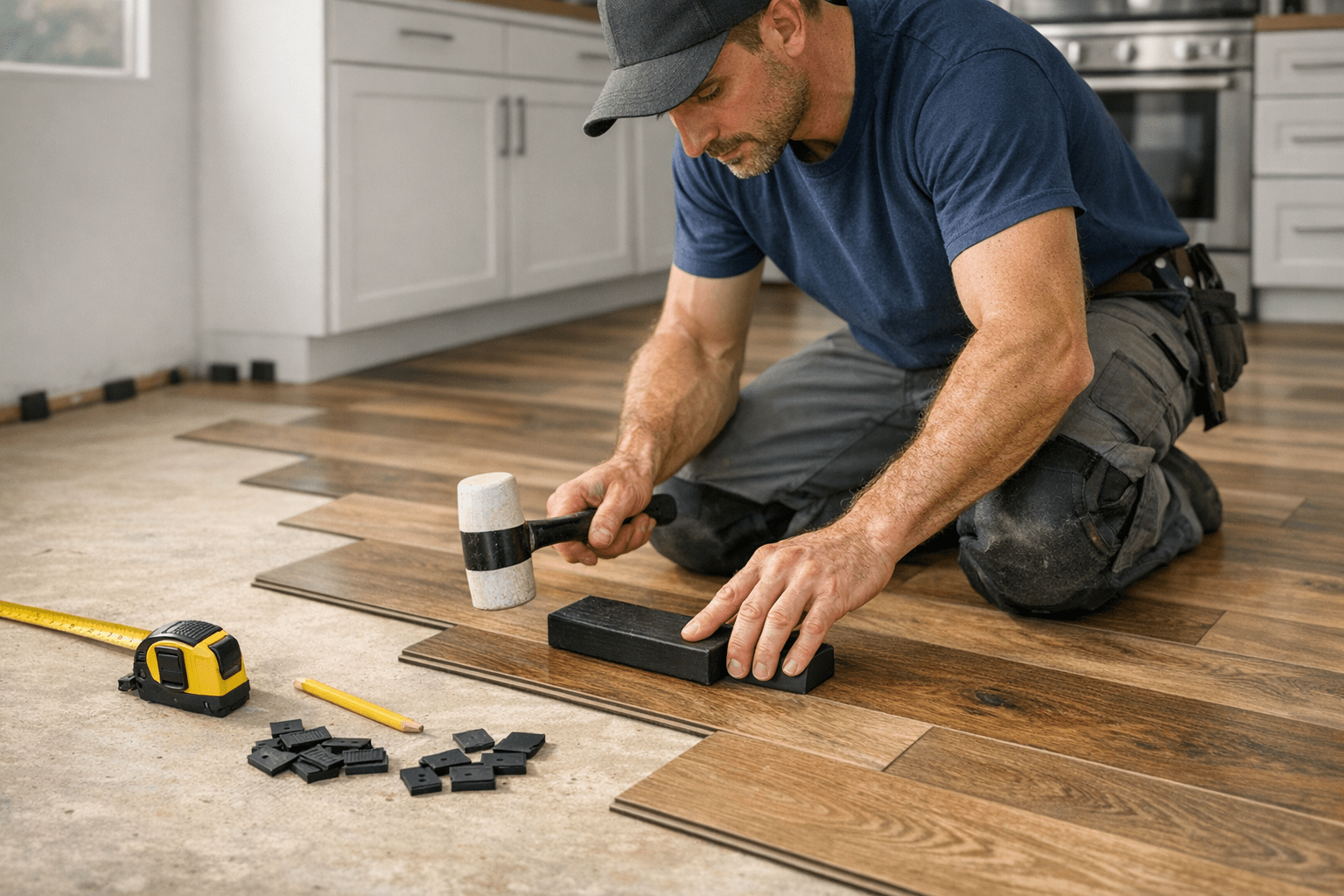 Professional installer kneeling while installing vinyl plank flooring in a kitchen with tools and spacers nearby