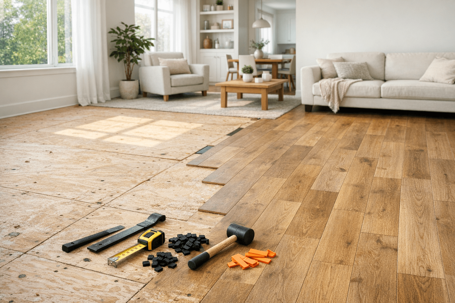 Living room mid-renovation with exposed subfloor on one side and newly installed wood-look planks on the other, tools neatly arranged