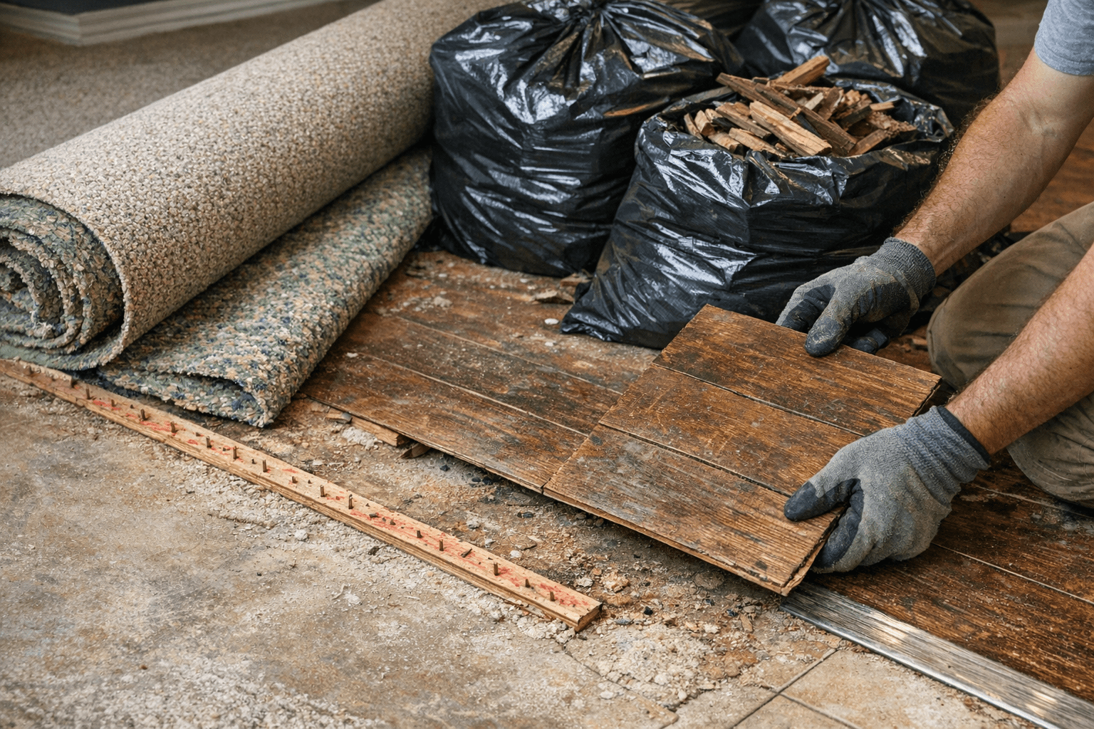Flooring demolition with rolled-back carpet and exposed tack strips, contractor lifting old planks and debris neatly bagged