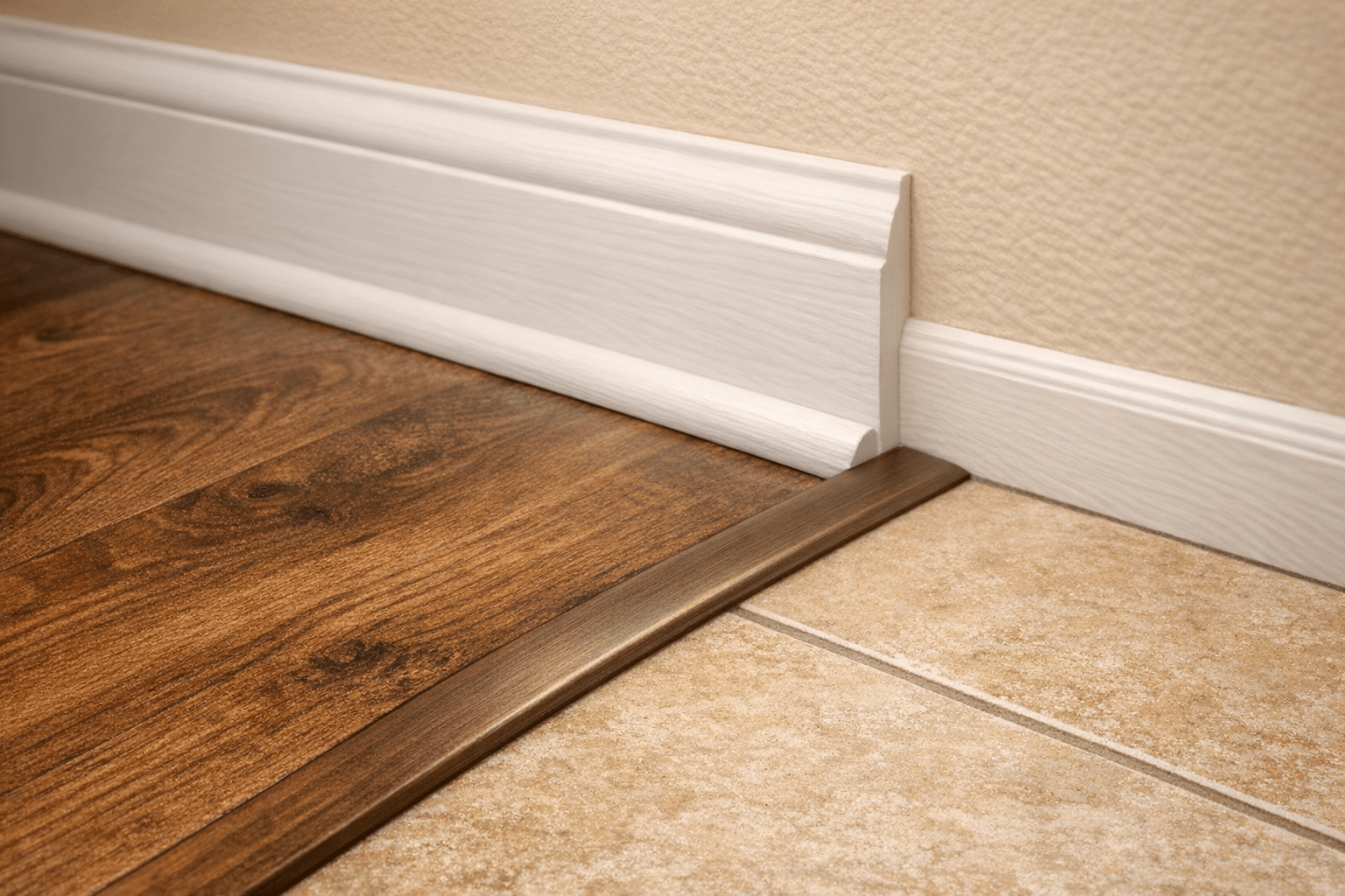 Finished flooring edge detail with clean baseboard and quarter round and a smooth transition strip between wood-look plank and tile