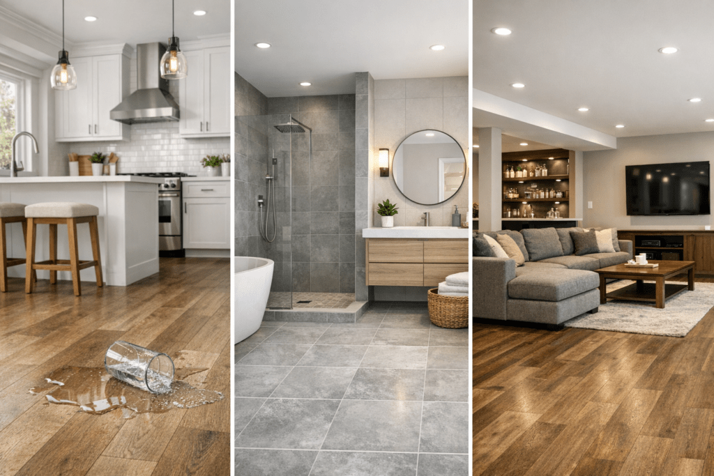 Collage of waterproof flooring options in a kitchen, bathroom, and finished basement