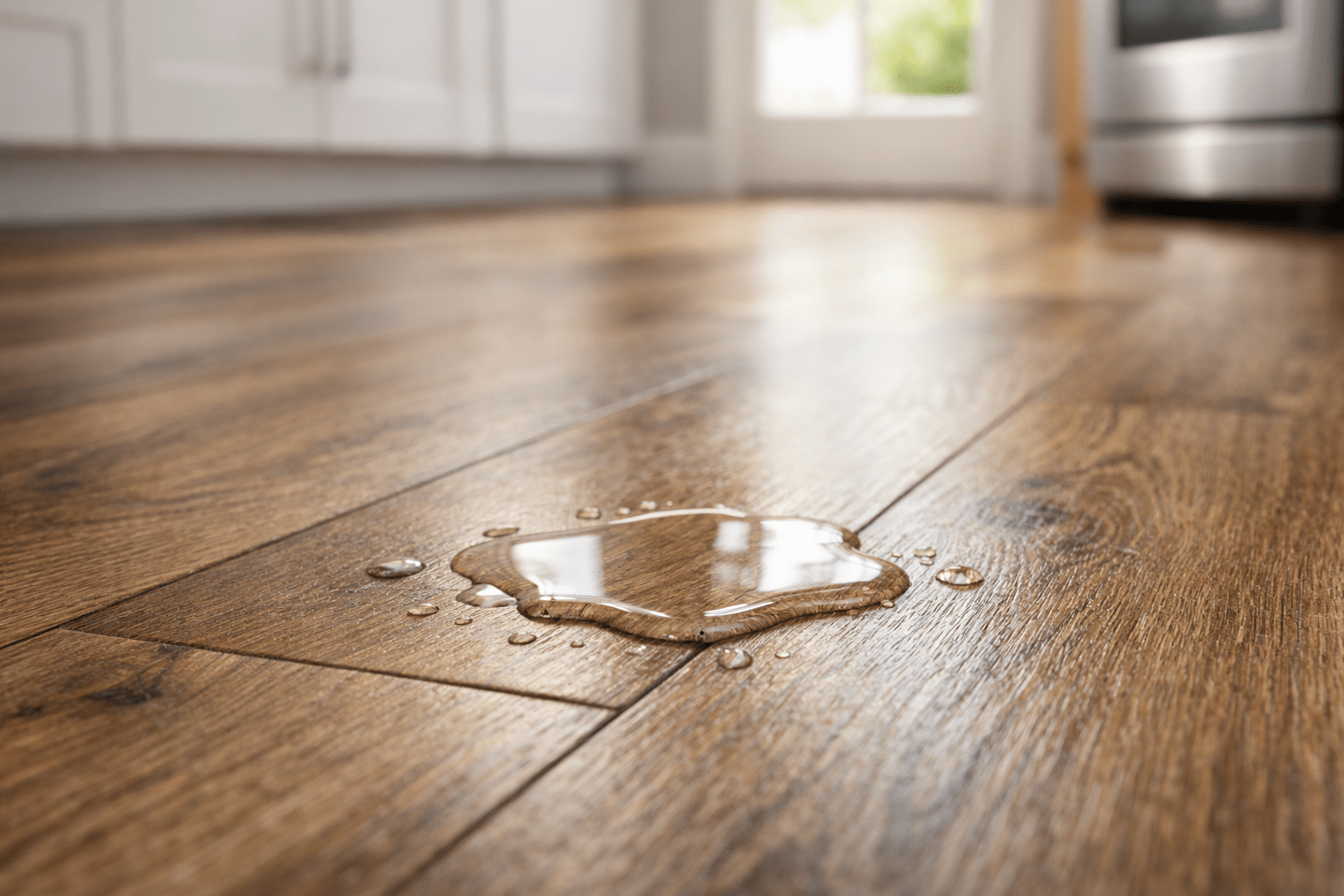Close-up of luxury vinyl plank flooring with water droplets beading on the surface