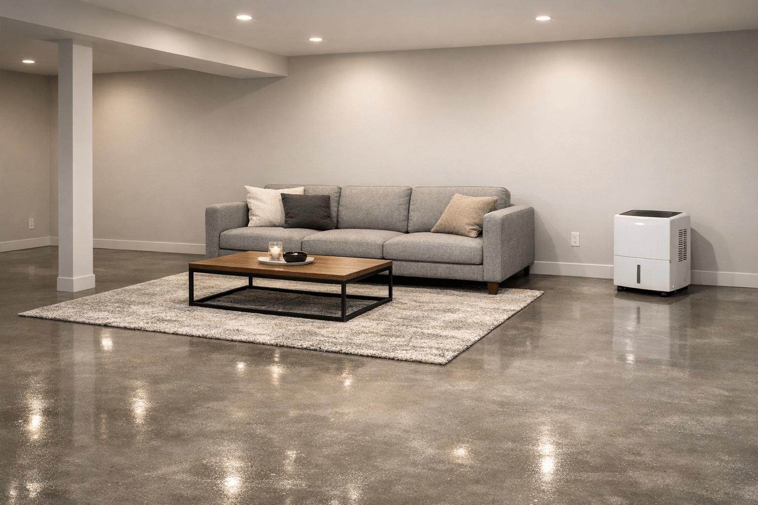 Finished basement with polished sealed concrete floor and subtle satin sheen